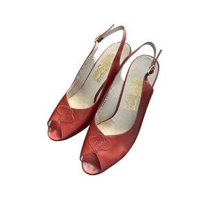 FERRAGAMO Womens 7.5/8 Vintage Rust Leather Slingback Peep Toe Heels